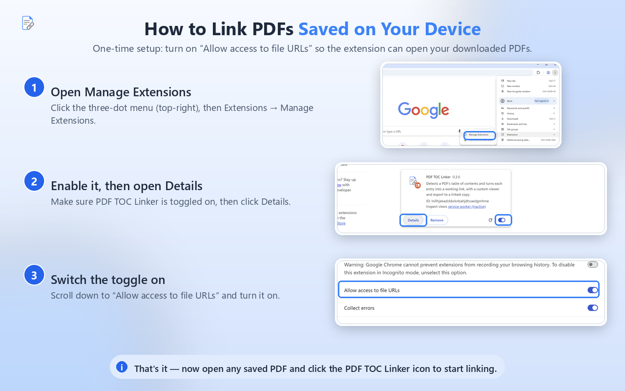 How to enable Allow access to file URLs for PDF TOC Linker