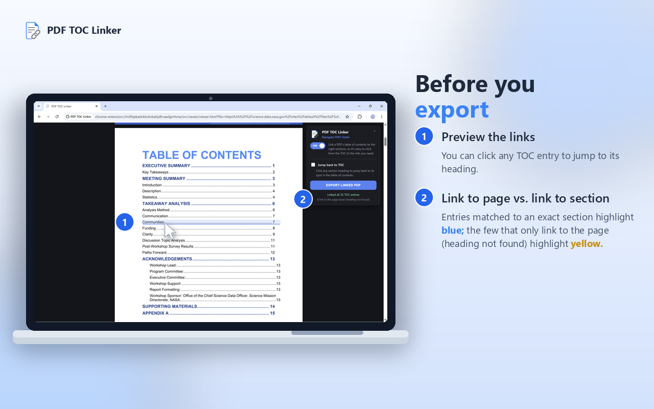 Reviewing the linked table of contents before exporting